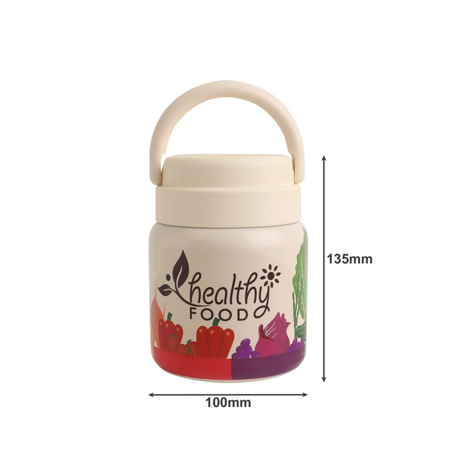 A stainless steel vacuum insulated food jar in cream with a handle and a colourful design featuring vegetables.