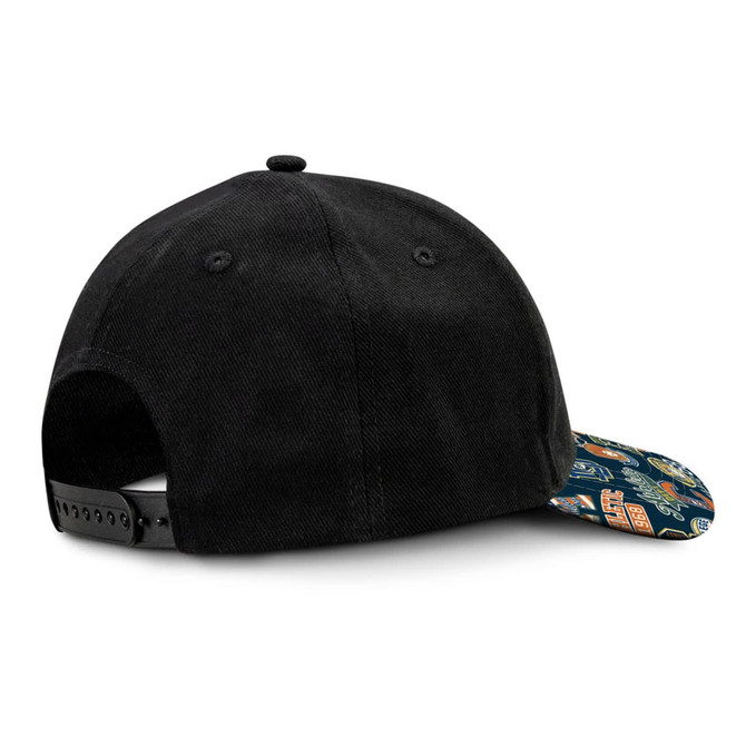 A black cap with a patterned peak, featuring a snapback closure and a logo on the back.