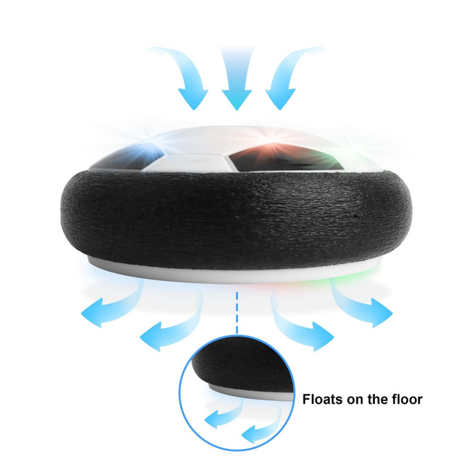 A hover soccer ball with a black and white design, featuring a logo, that floats on the floor.