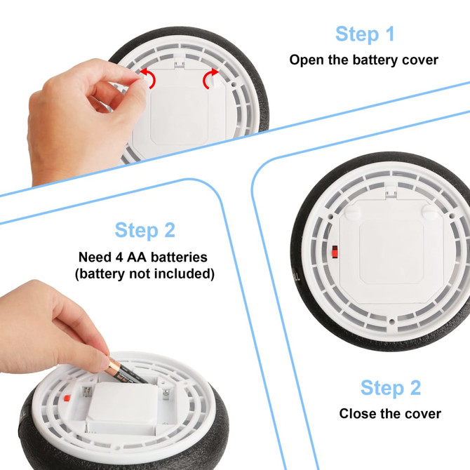A hover soccer ball with a black outer ring and a white centre, showing battery installation steps and a hand inserting batteries.