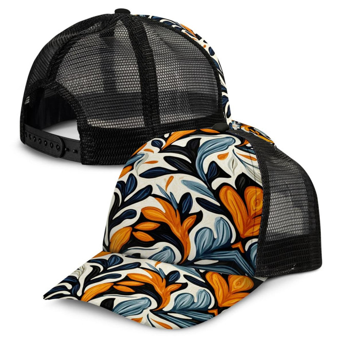 A mesh cap featuring a vibrant floral pattern in blue, orange, and white, with a black mesh back.