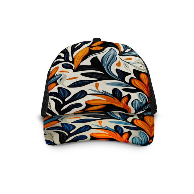 A mesh cap featuring a vibrant floral pattern in orange, blue, and black against a light background.