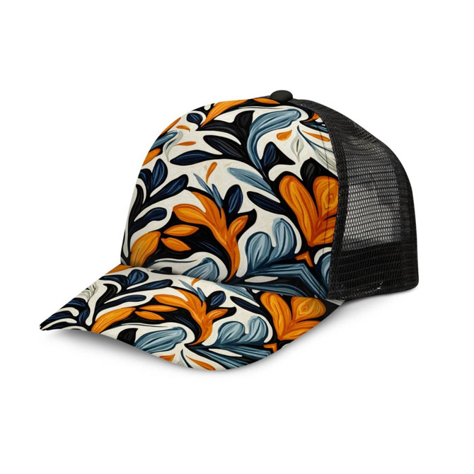 A vibrant mesh cap featuring a floral design in orange, blue, and cream, with a black mesh back.