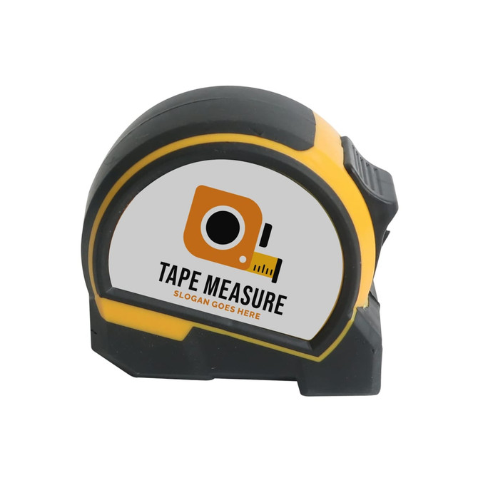 A tape measure with a black and yellow casing, featuring a logo and a grey front.