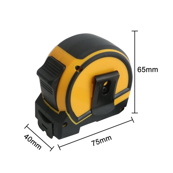 A yellow and black 5m tape measure with a measurement scale and a logo on its surface.