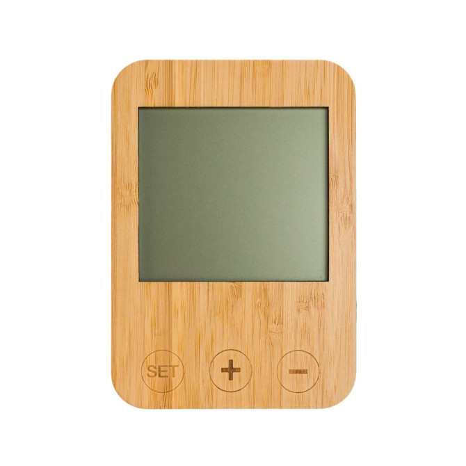 A bamboo-framed weather station with a green display and three buttons below the screen.