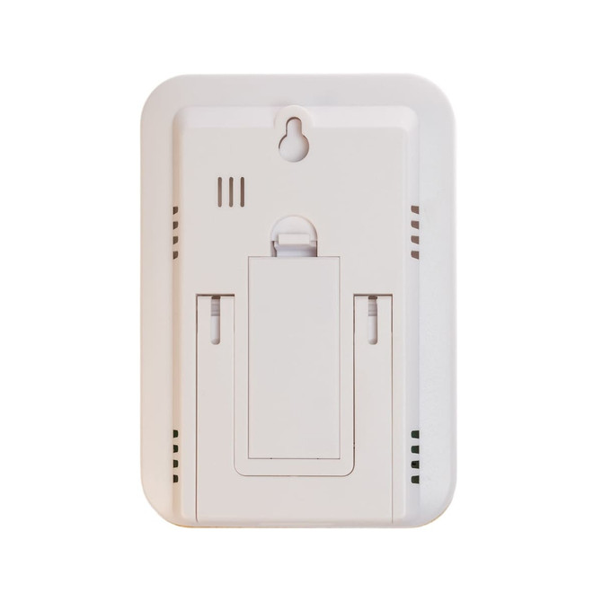 A white weather station device with slots for mounting and vents at the top. It features a clean, simple design.