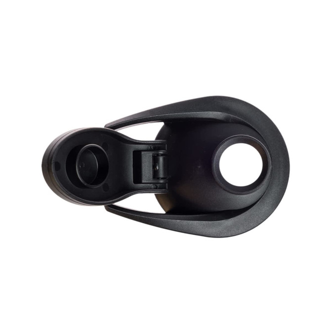 A drink bottle lid featuring a free flow design, primarily in black with a smooth finish. It has a logo.