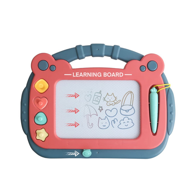 A magnetic drawing board in red and teal with a stand, featuring various drawing shapes and a stylus.