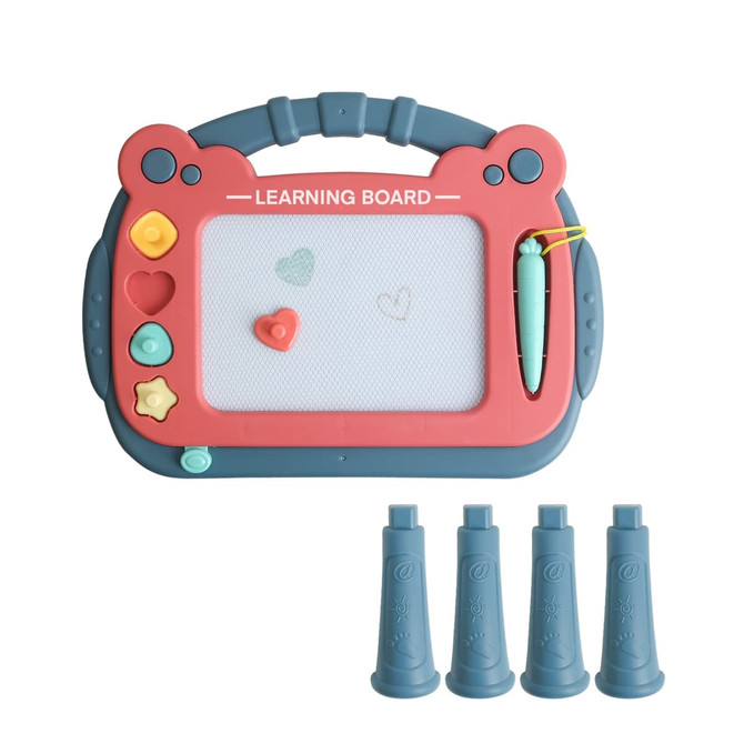 A magnetic drawing board in red and grey with a handle, featuring a drawing area and three detachable pens.