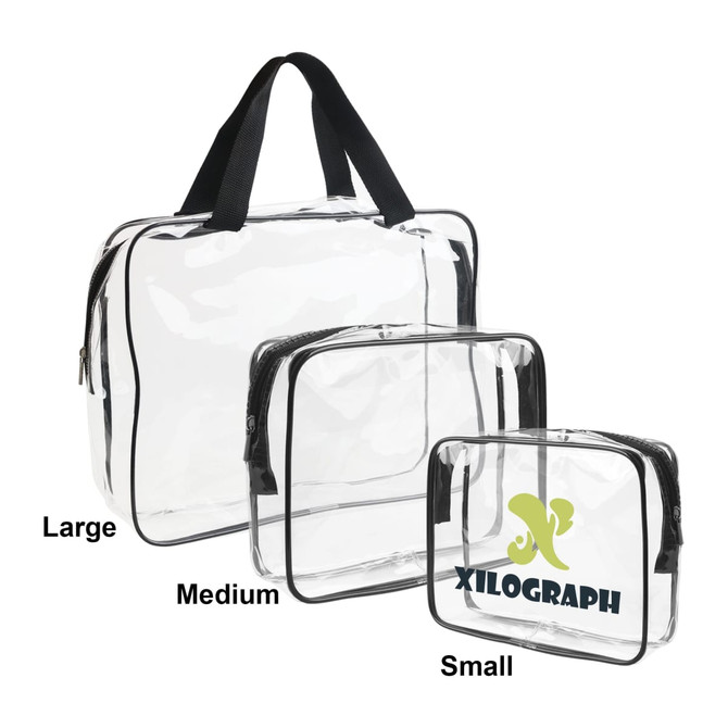 A clear toiletry bag set in varying sizes—large, medium, and small—with black trim and handles.