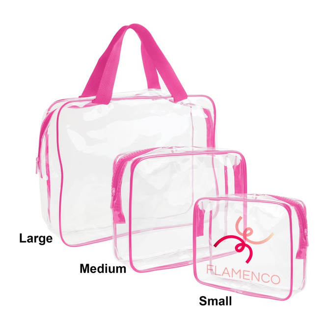 A set of clear toiletry bags in varying sizes—large, medium, and small—with pink accents and handles.