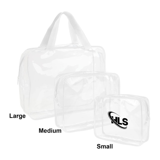 A clear toiletry bag set featuring large and medium sizes, along with a small bag, all with white handles.
