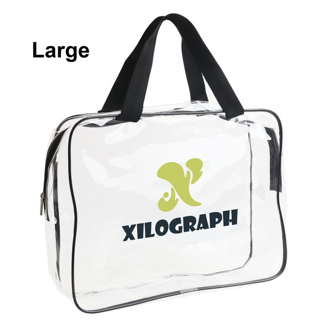 A clear toiletry bag with black trims and handles, featuring a logo on the front.