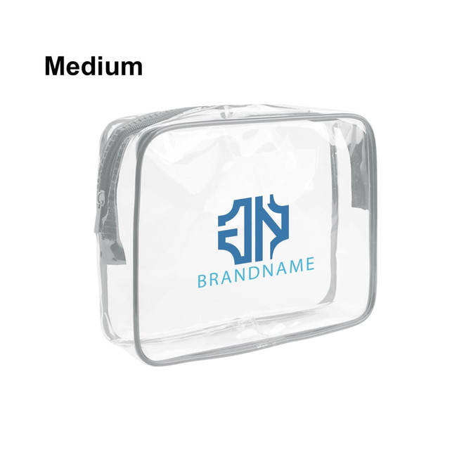 A medium clear toiletry bag with a grey trim and a logo on the front.