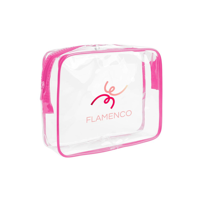A clear toiletry bag with pink zip and trim, featuring a logo on the front.