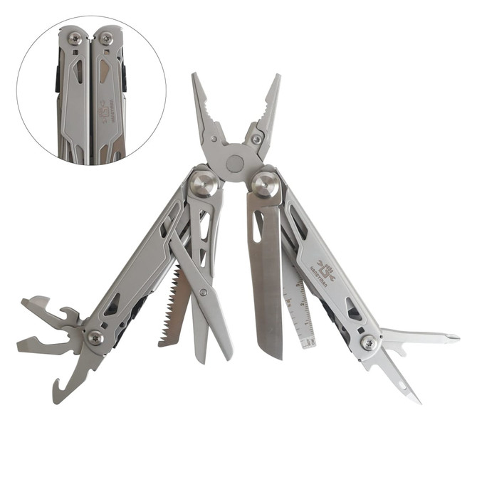 A stainless steel multi-tool with various tools including pliers, a knife, a saw, and a ruler, featuring a logo.