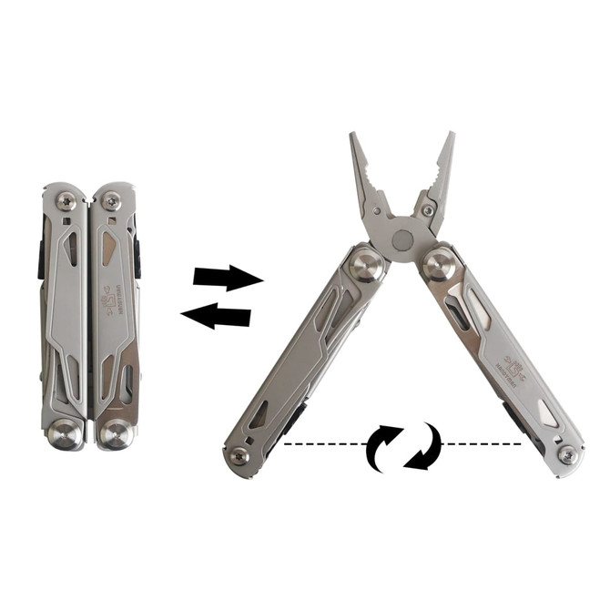 A stainless steel survival multi-tool displayed in both folded and open positions, featuring pliers and multiple tools.