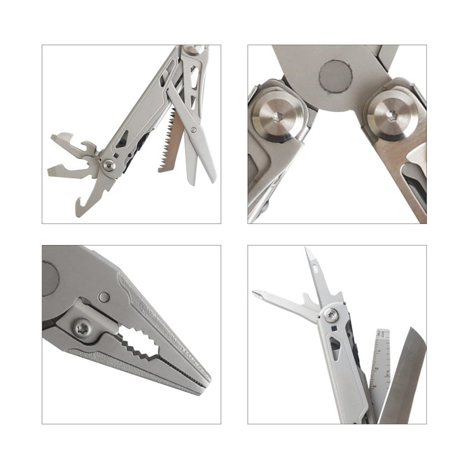 A set of silver multi-tools featuring pliers, a knife, a saw, and various smaller tools, with shiny metallic finishes.
