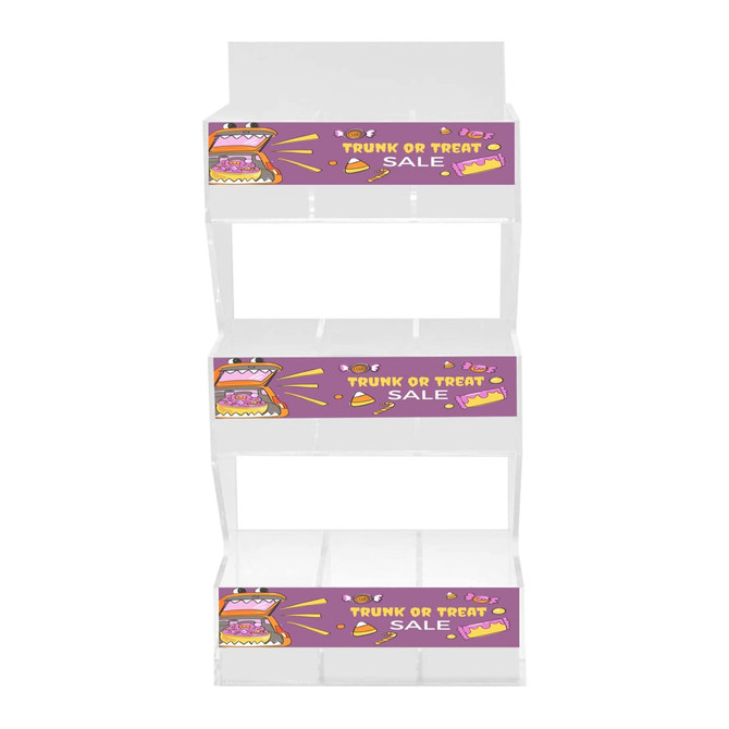 A clear acrylic display stand with three levels, featuring vibrant, eye-catching graphics and a logo.