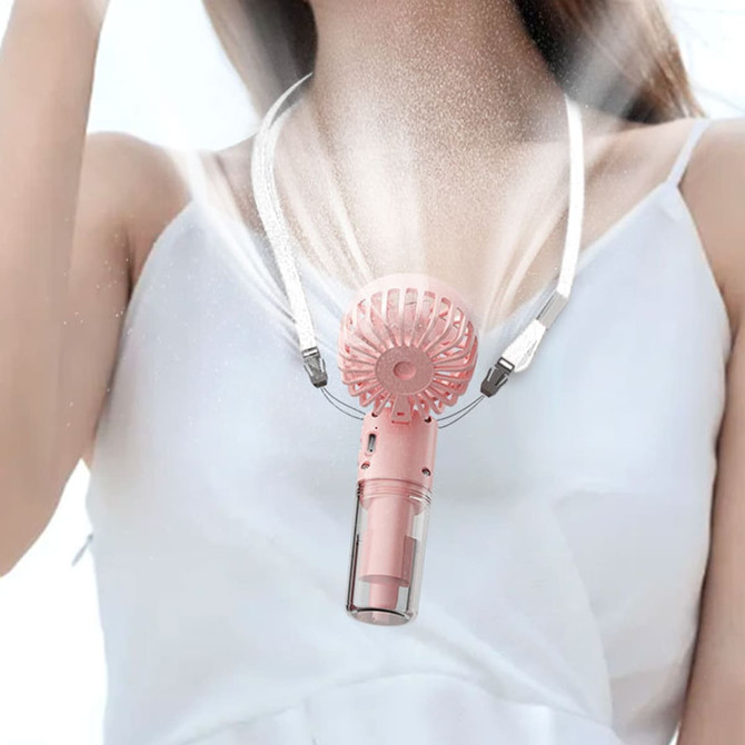 A pink neck spray fan with a clear container, suspended by white straps, designed for personal cooling.
