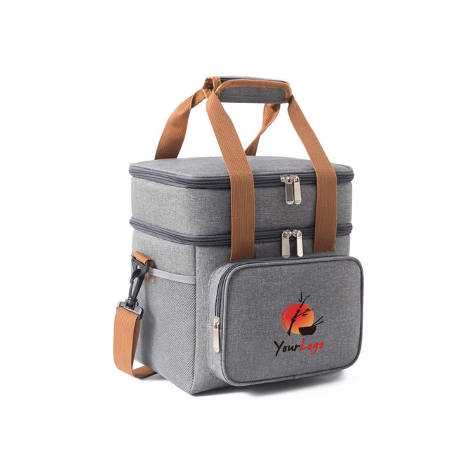 A grey 10L cooler bag with an adjustable shoulder strap and logo on the front. It features two compartments and sturdy handles.
