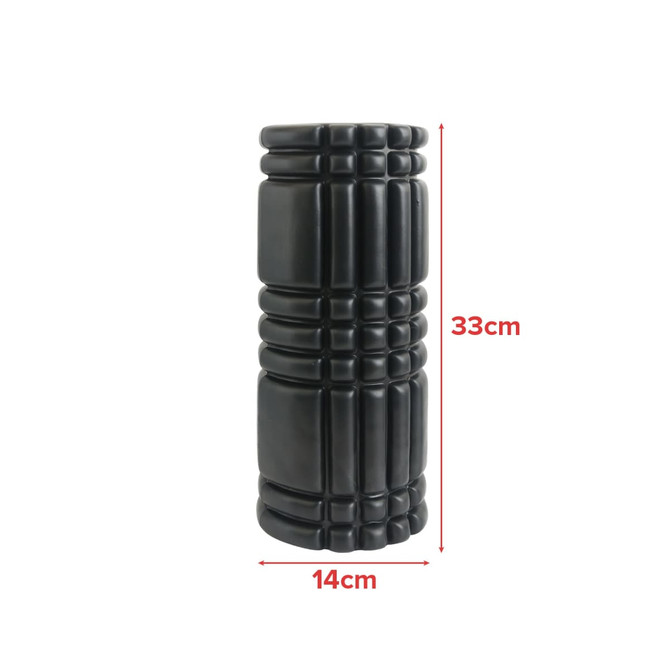 A foam massage roller in black, featuring a textured design, measuring 33cm in height and 14cm in diameter.