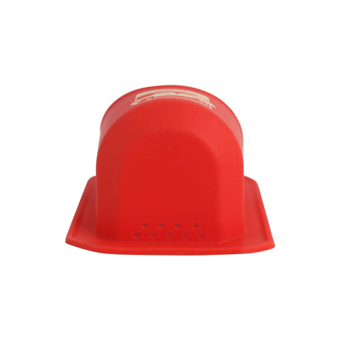 A drink bottle holder in bright red with a curved design and a base featuring small holes. It has a logo.
