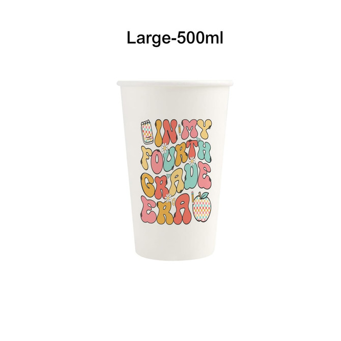 A large, white disposable paper cup featuring playful, colourful text and an illustration.