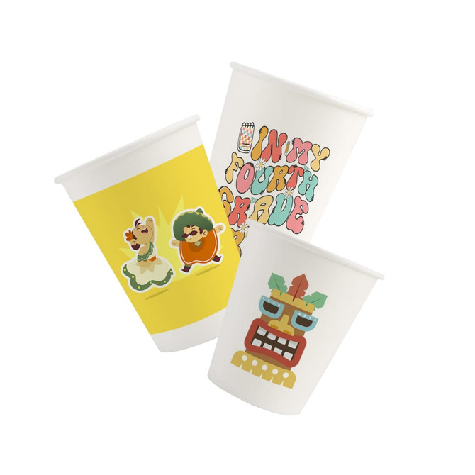 A set of three custom disposable single wall paper cups in white and yellow, featuring various playful illustrations.