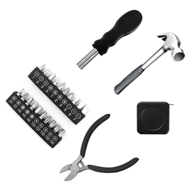 A car wheel tool kit featuring a hammer, pliers, screwdriver, and various attachments in silver and black.
