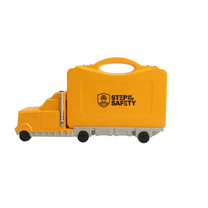 A truck-shaped toolkit in yellow and grey with a handle and wheels, featuring a logo on the side.