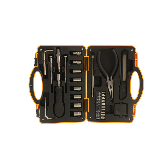 A truck-shaped toolkit in black and orange, featuring various tools including pliers and sockets, in a compact case.