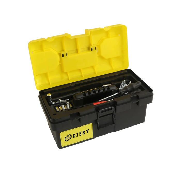 A black tool box with a yellow lid, containing assorted tools and a logo on the front.