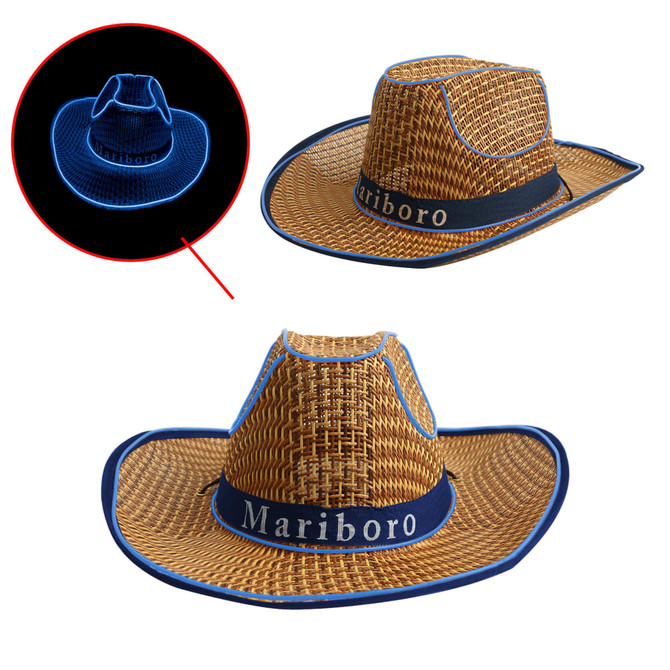 A light-up straw hat in brown, featuring a blue trim and a decorative band. Includes a logo on the band.