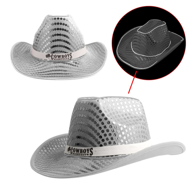 A light-up sequin cowboy hat in silver with a decorative band and a logo.