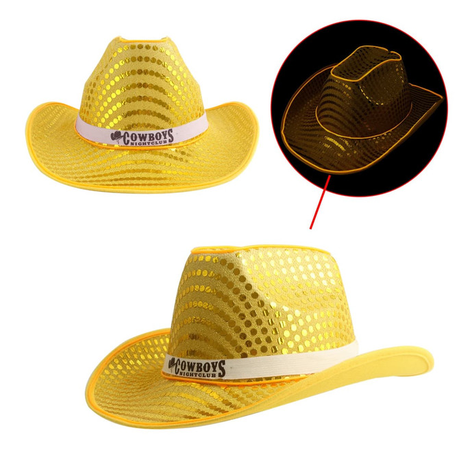 A yellow sequin cowboy hat with a white band and a logo, featuring a lit-up design.
