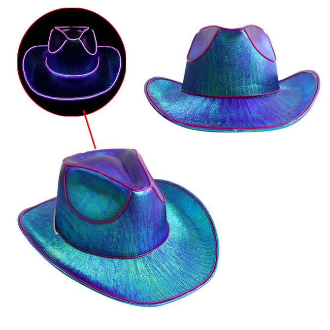 Light up cowboy hats in vibrant shades of blue and green, featuring illuminated edges and a glossy finish.
