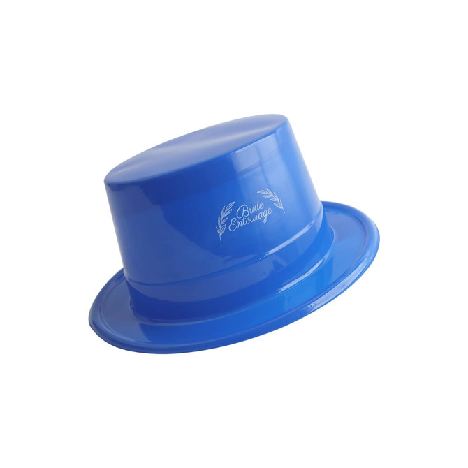 A blue PVC top hat with a glossy finish, featuring a logo on its side.