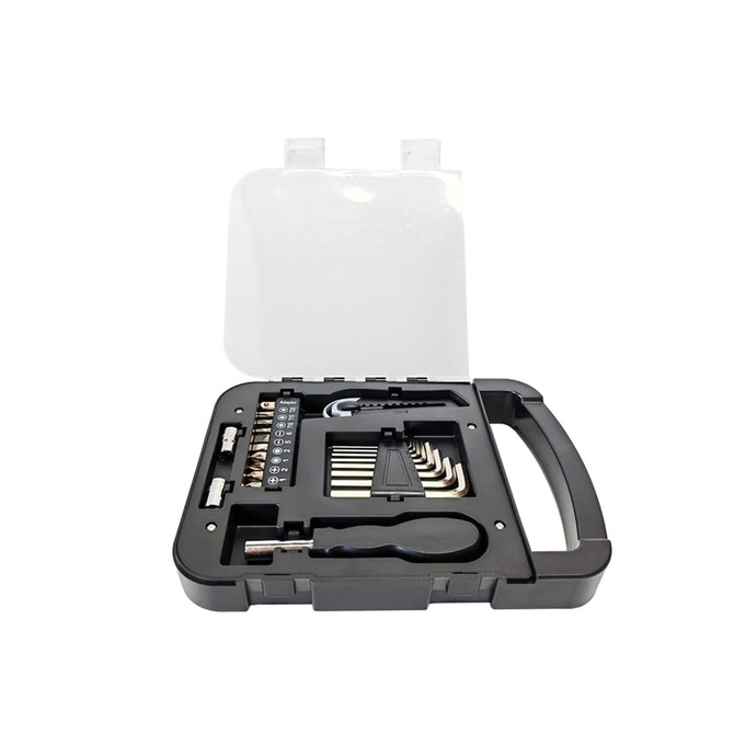 A black tool kit featuring various tools, including sockets and screwdriver bits, in a sturdy case with a handle.