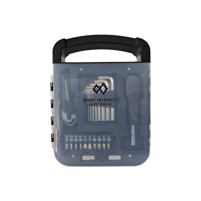 A transparent tool kit with a black handle, containing various small tools and bits. It features a logo on the front.
