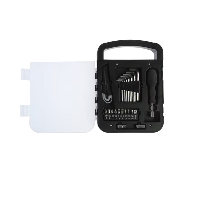 A black and white tool kit featuring a screwdriver, multiple bits, and various tools in a compact case.