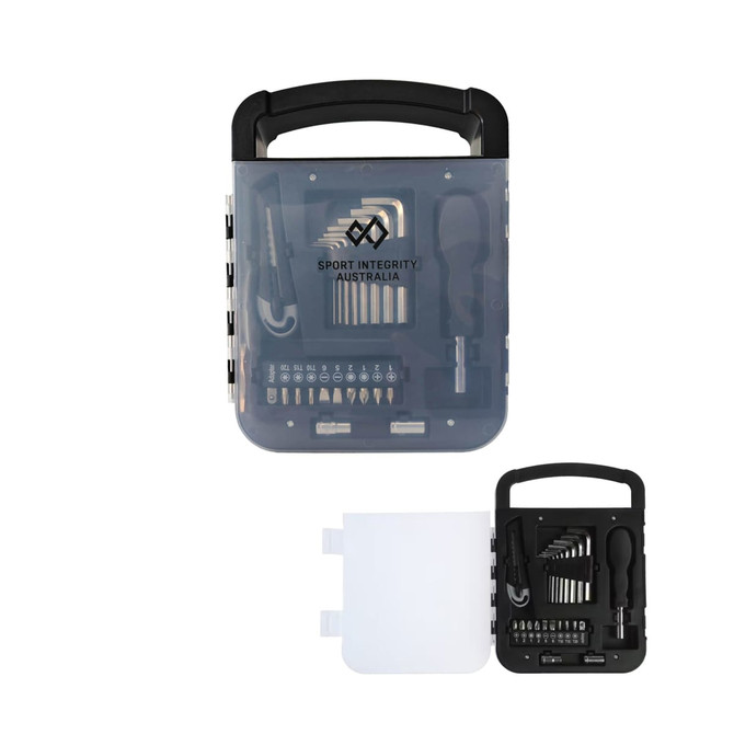 A transparent tool kit with a black handle, containing various screwdrivers and bits, organised neatly inside.