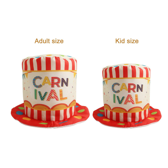 Two custom digital printed top hats in adult and kid sizes, featuring a striped design with bright colours and circular patterns.