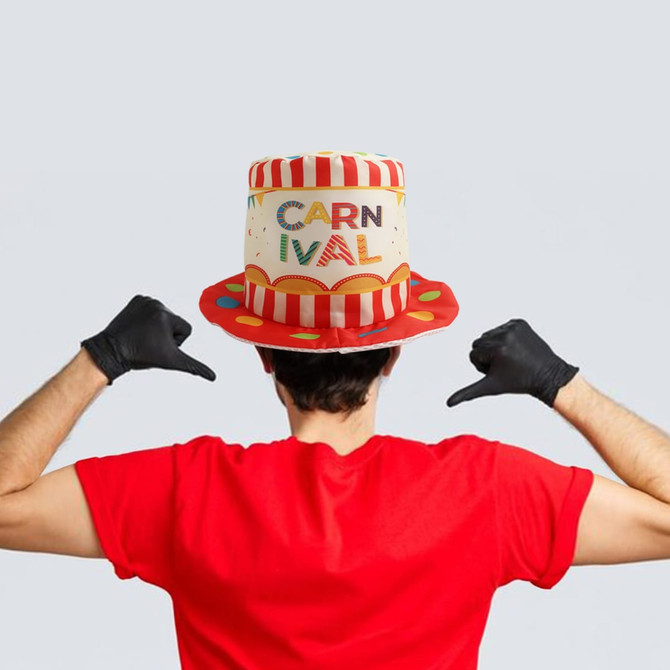 A vibrant red and white top hat with carnival-themed design and polka dots. It features a branding logo.