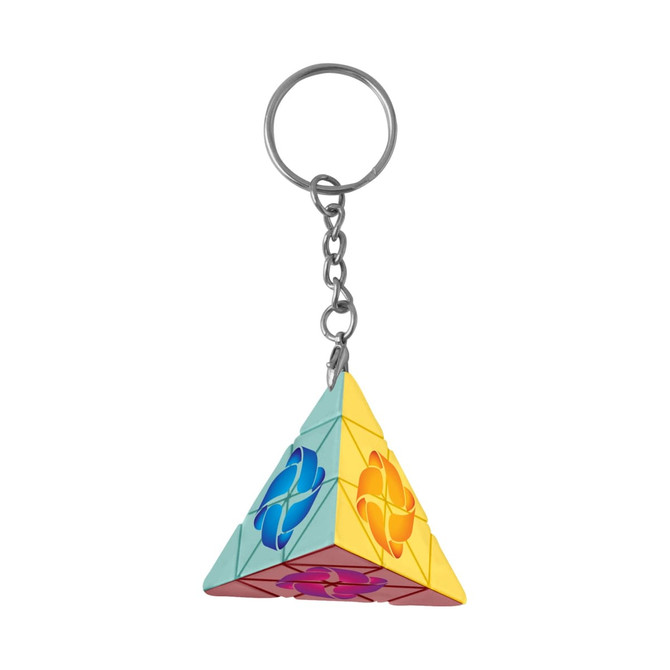 A triangular puzzle keyring featuring colourful segments in blue, orange, yellow, and pink with a metal keychain.