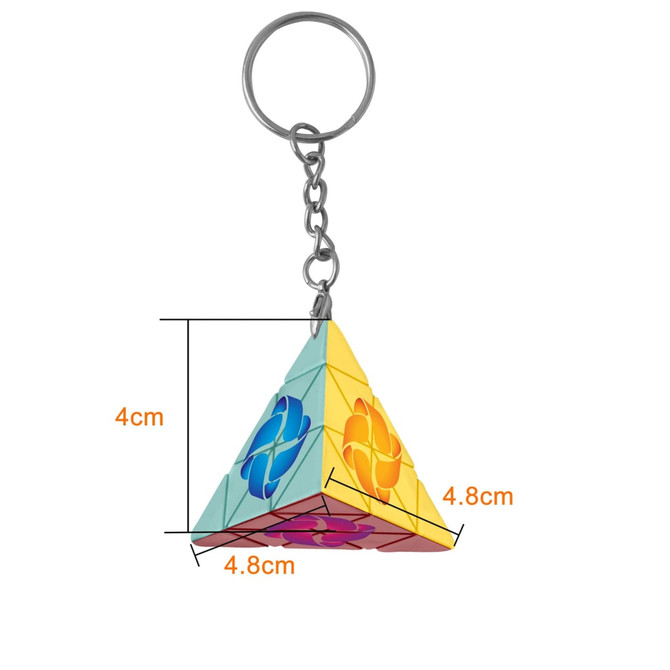 A colourful pyramid-shaped puzzle keyring in blue, orange, and purple, measuring 4cm in height and 4.8cm in width.