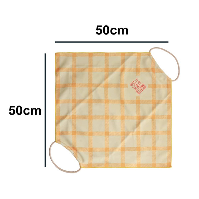 A yellow and orange checkered lunch box bag measuring 50cm by 50cm with handles and a logo.