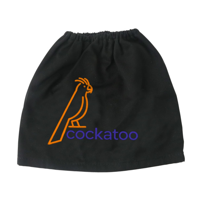 A black boot cover featuring an orange illustration of a cockatoo and text in purple.