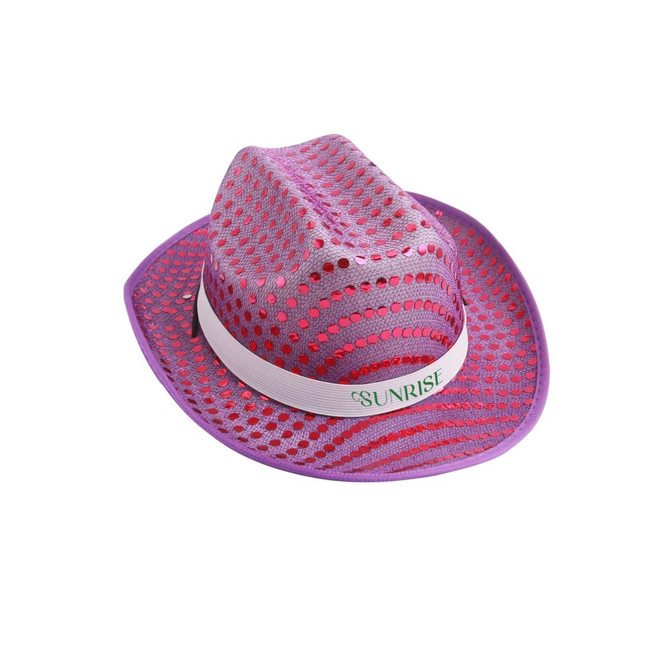 A sequin cowboy hat in shades of pink and purple with a white band, featuring a logo.
